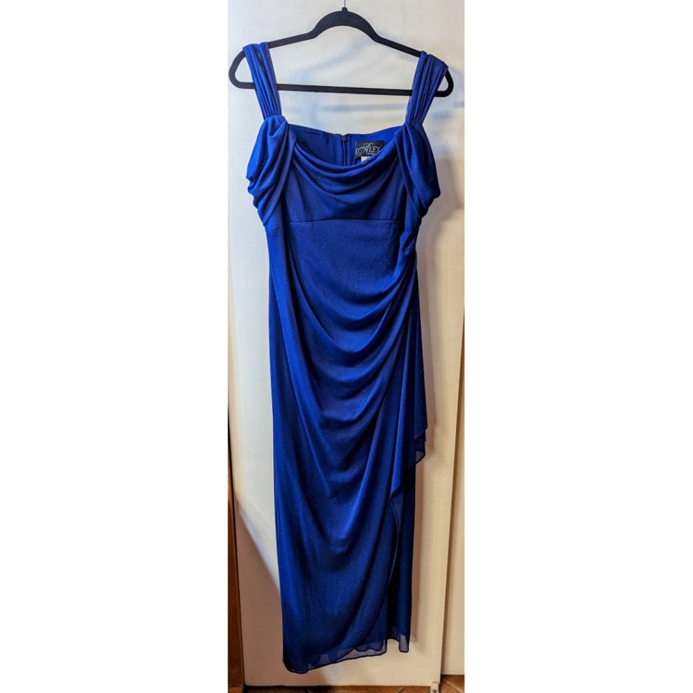 Royal Blue Size 12 Alex Evenings Glitter Mesh Cold Shoulder Floor Length Gown